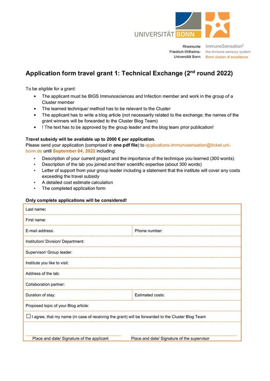 Application Form Travel Grant 1: Technical Exchange (2nd round)